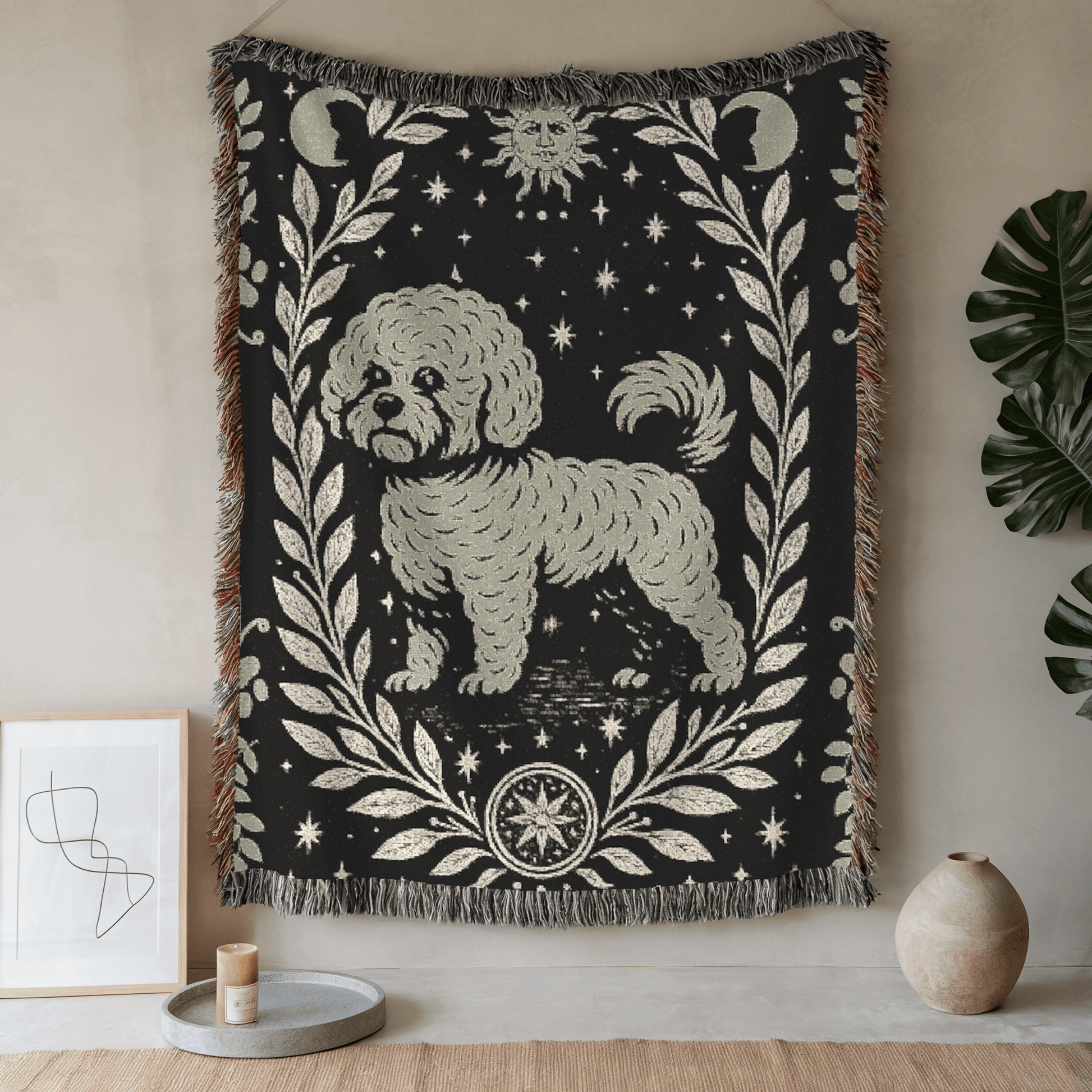 Printify Home Decor Celestial Woven Blanket, Bichon Frise Dog Boho Tapestry, Forest Core, Witchy Decor