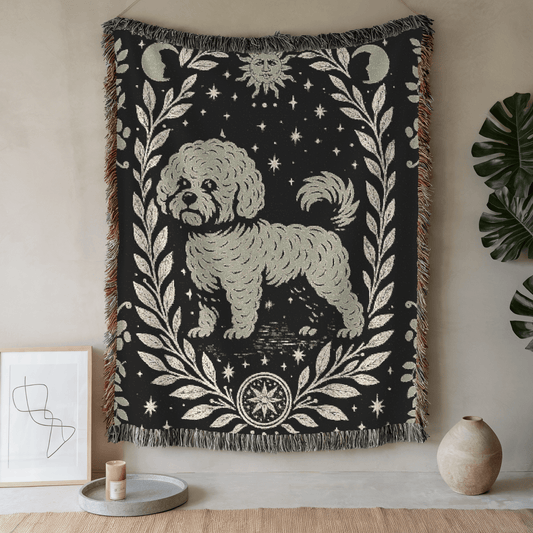 Printify Home Decor Celestial Woven Blanket, Bichon Frise Dog Boho Tapestry, Forest Core, Witchy Decor