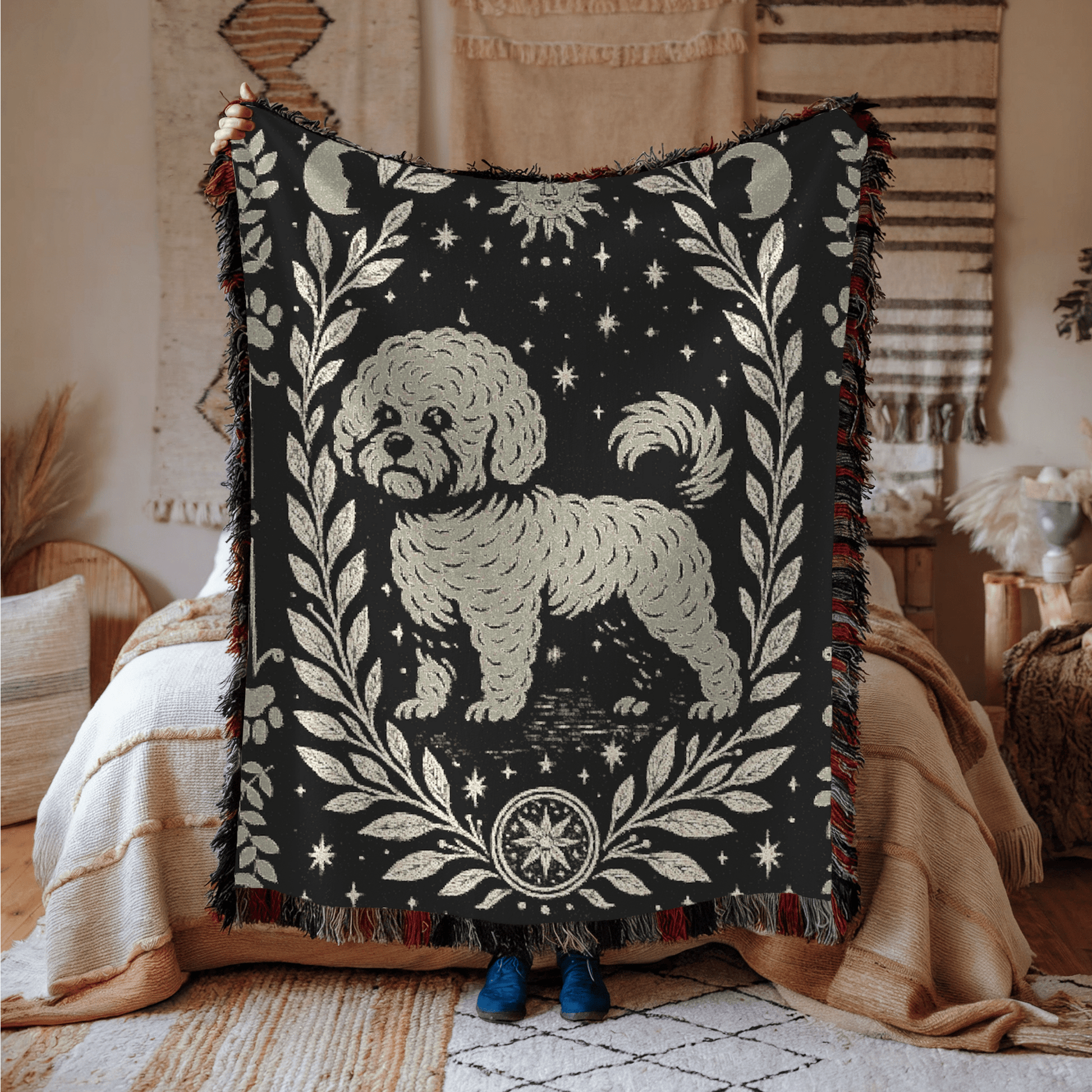 Printify Home Decor Celestial Woven Blanket, Bichon Frise Dog Boho Tapestry, Forest Core, Witchy Decor