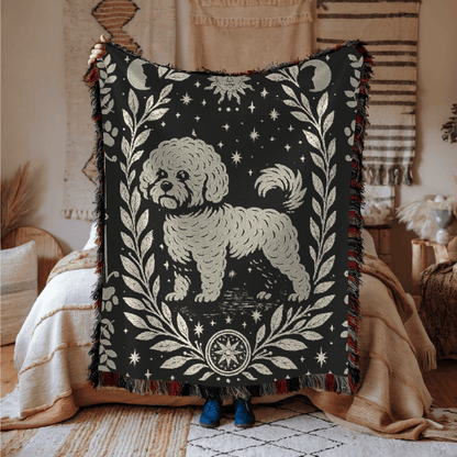 Printify Home Decor Celestial Woven Blanket, Bichon Frise Dog Boho Tapestry, Forest Core, Witchy Decor