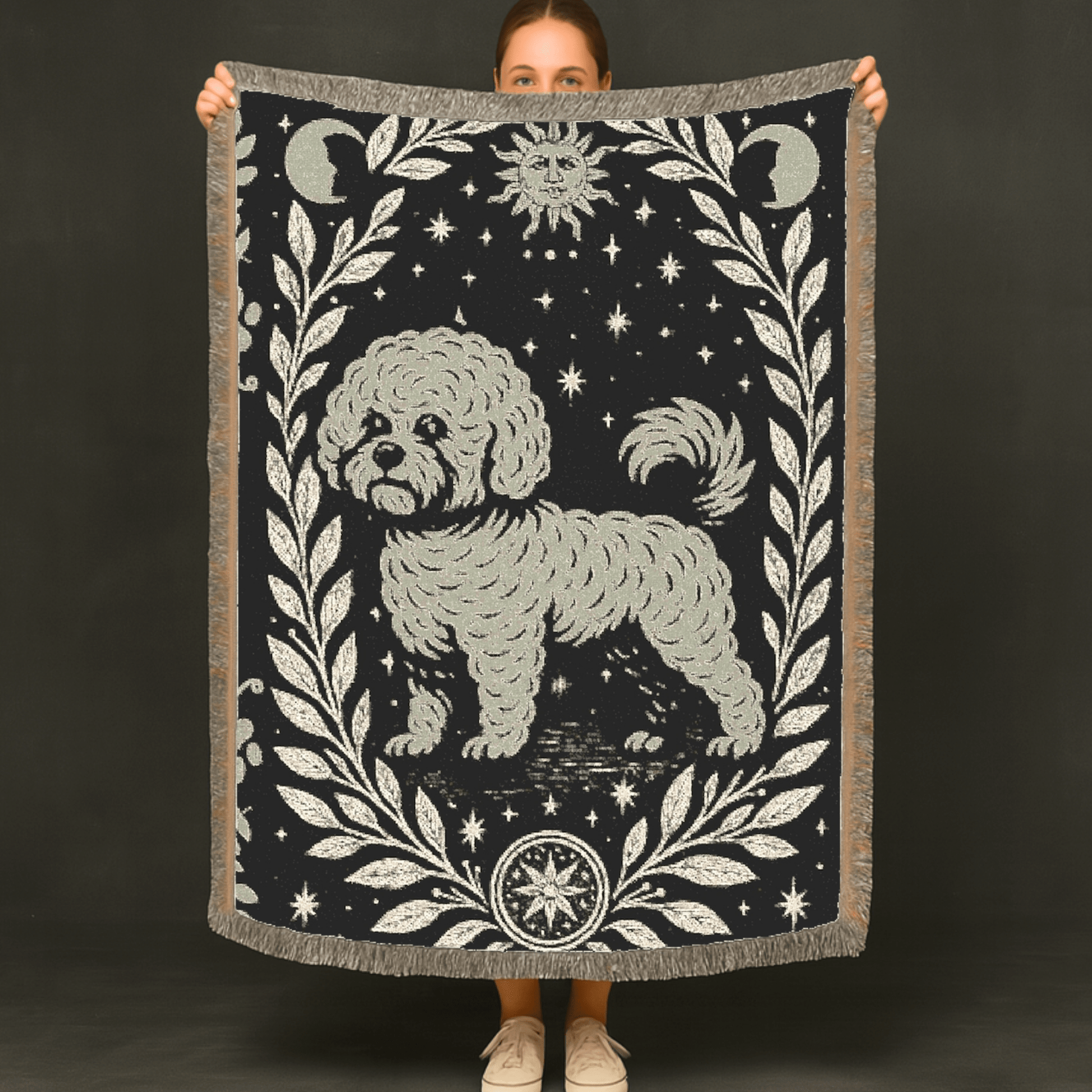 Printify Home Decor Celestial Woven Blanket, Bichon Frise Dog Boho Tapestry, Forest Core, Witchy Decor