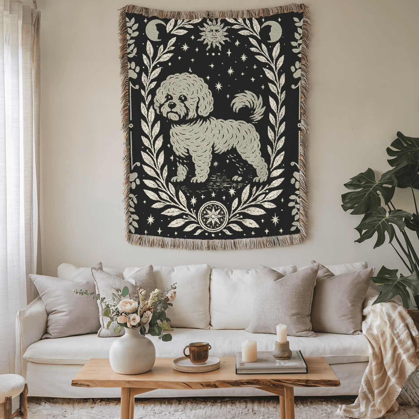 Printify Home Decor Celestial Woven Blanket, Bichon Frise Dog Boho Tapestry, Forest Core, Witchy Decor