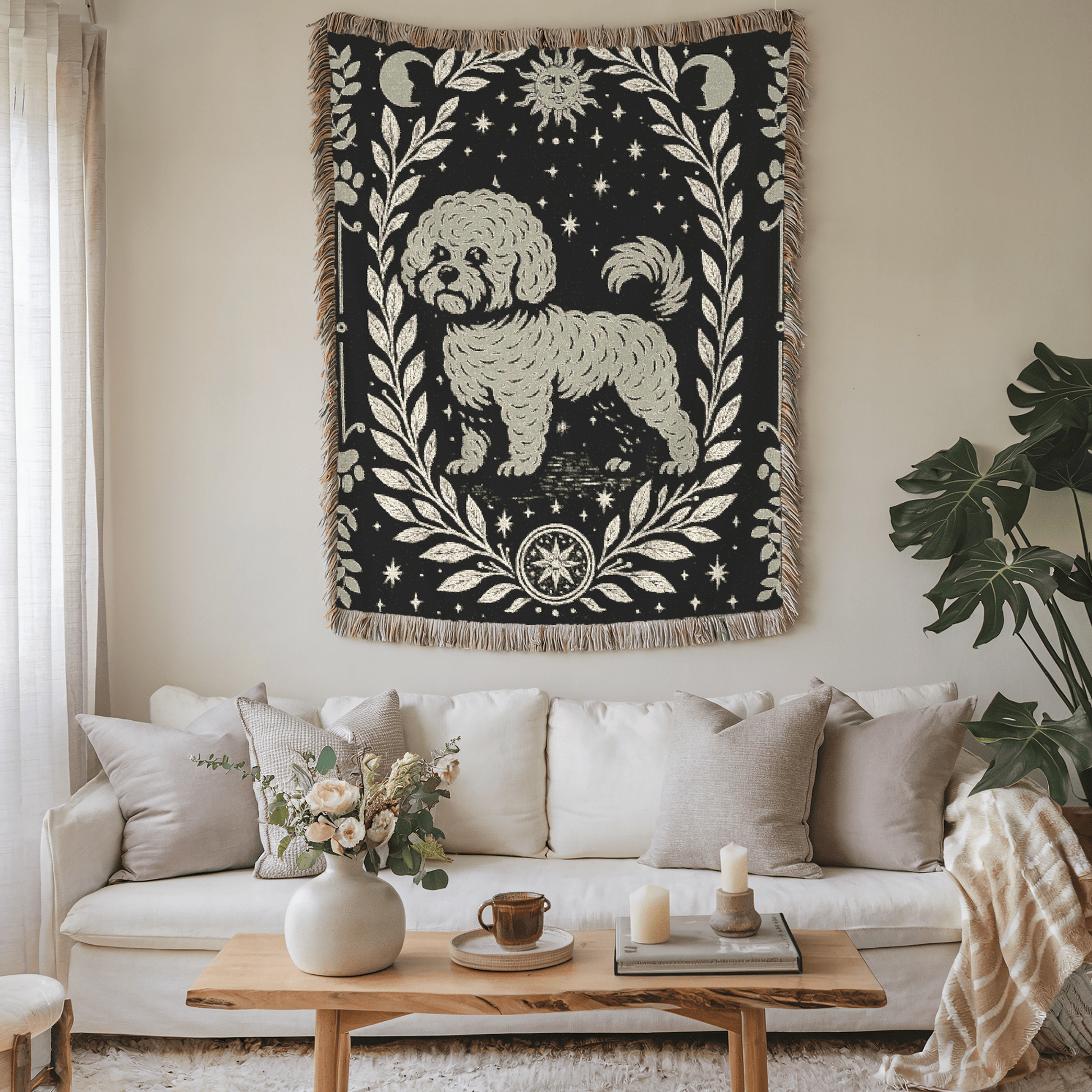 Printify Home Decor Celestial Woven Blanket, Bichon Frise Dog Boho Tapestry, Forest Core, Witchy Decor
