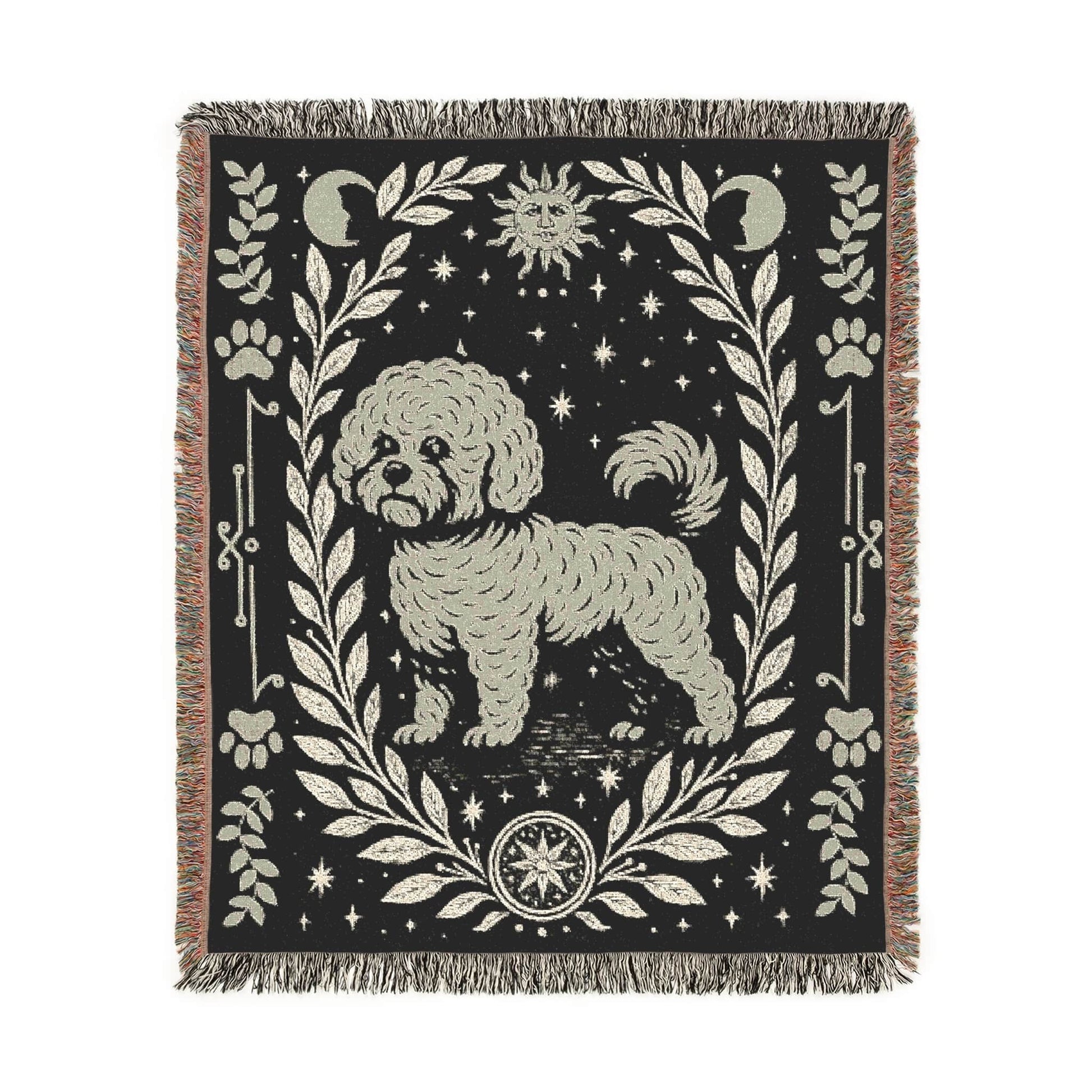 Printify Home Decor Celestial Woven Blanket, Bichon Frise Dog Boho Tapestry, Forest Core, Witchy Decor