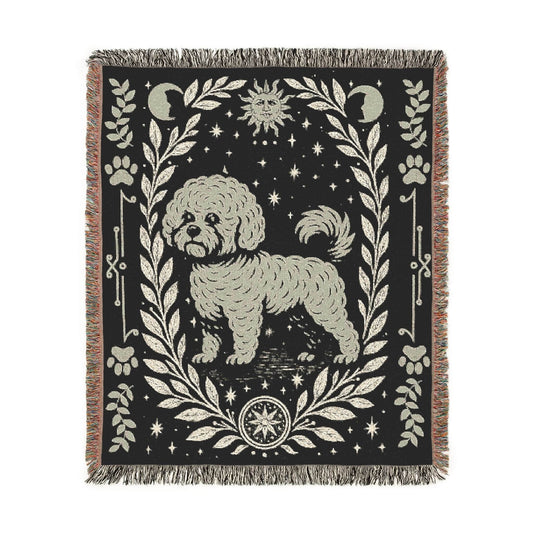 Printify Home Decor Celestial Woven Blanket, Bichon Frise Dog Boho Tapestry, Forest Core, Witchy Decor