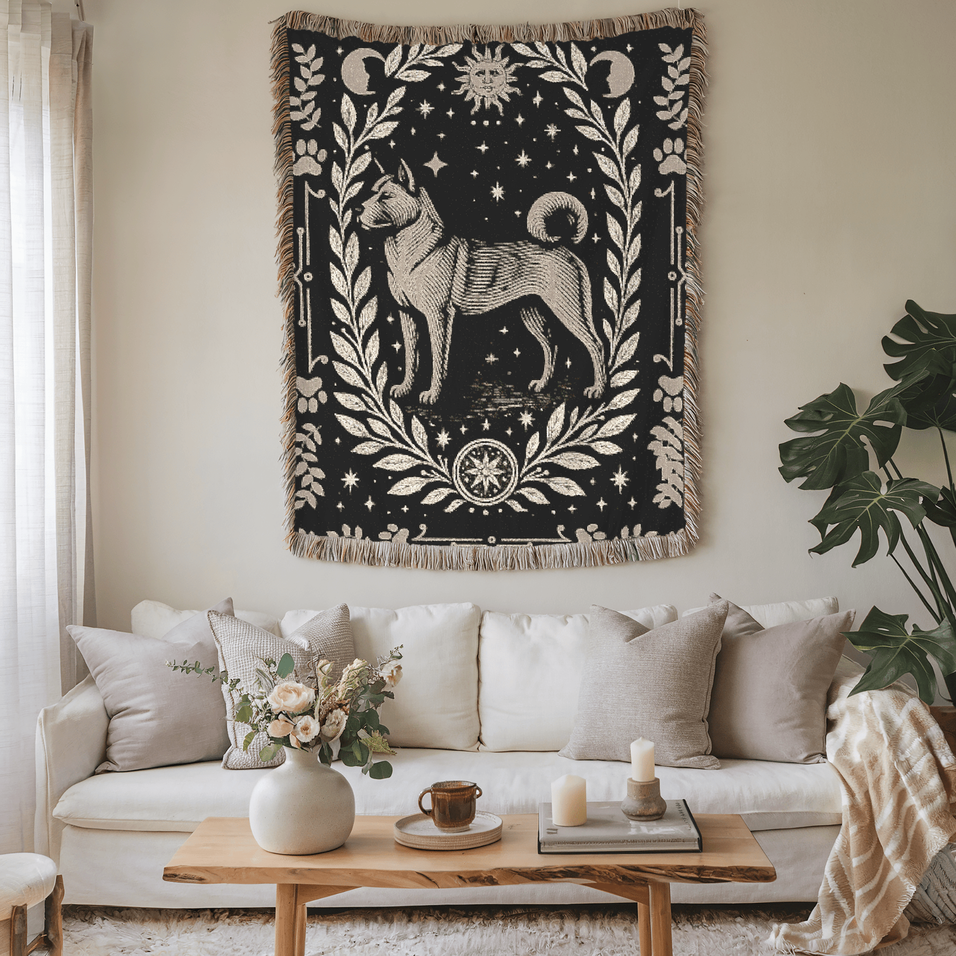 Printify Home Decor Celestial Woven Blanket, Fawn American Akita Boho Tapestry, Forest Core, Witchy Decorations