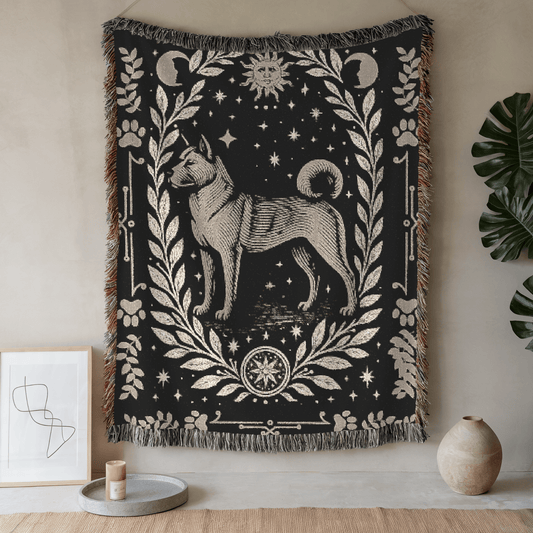 Printify Home Decor Celestial Woven Blanket, Fawn American Akita Boho Tapestry, Forest Core, Witchy Decorations