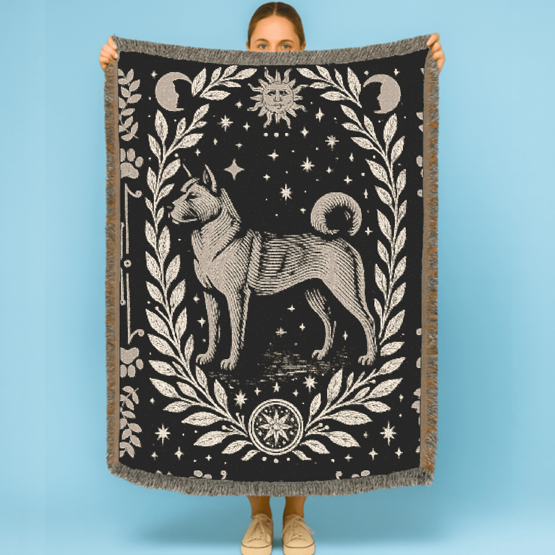 Printify Home Decor Celestial Woven Blanket, Fawn American Akita Boho Tapestry, Forest Core, Witchy Decorations