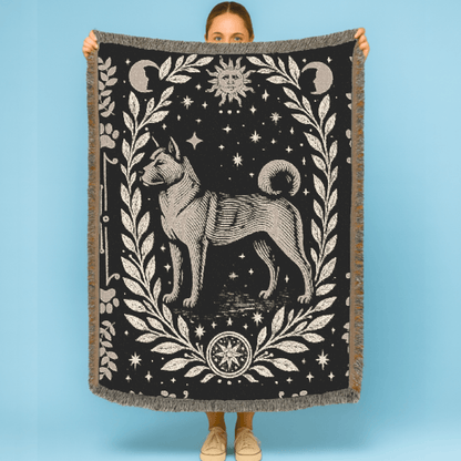 Printify Home Decor Celestial Woven Blanket, Fawn American Akita Boho Tapestry, Forest Core, Witchy Decorations