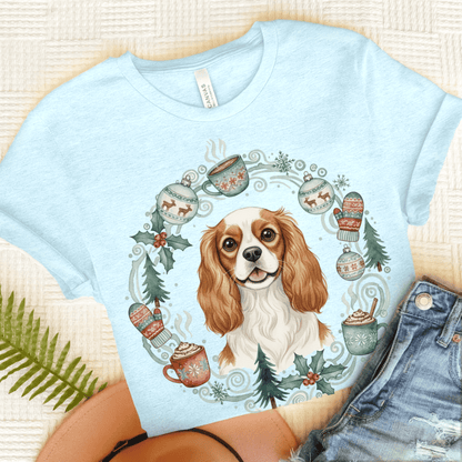 Personalized Christmas Wreath Cavalier Tshirt Heather Ice Blue