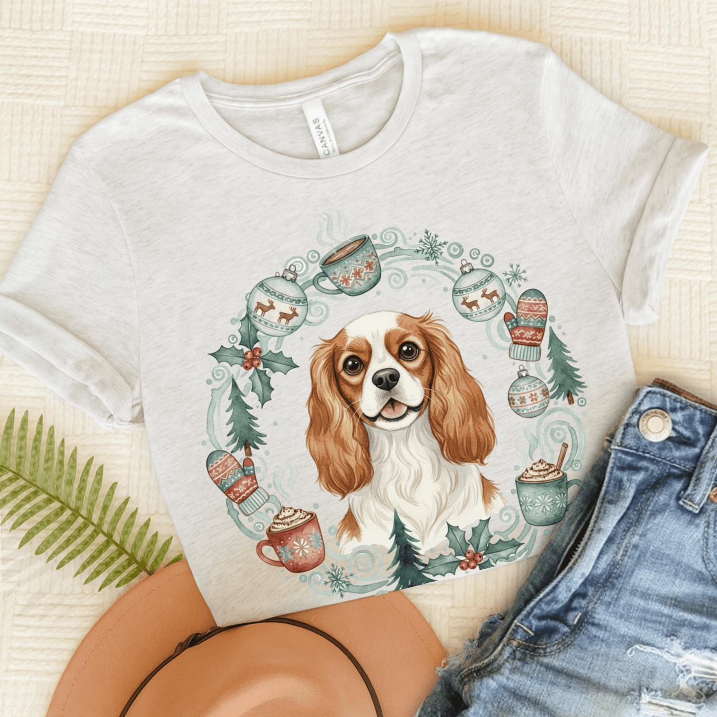 Personalized Christmas Wreath Cavalier Tshirt Ash