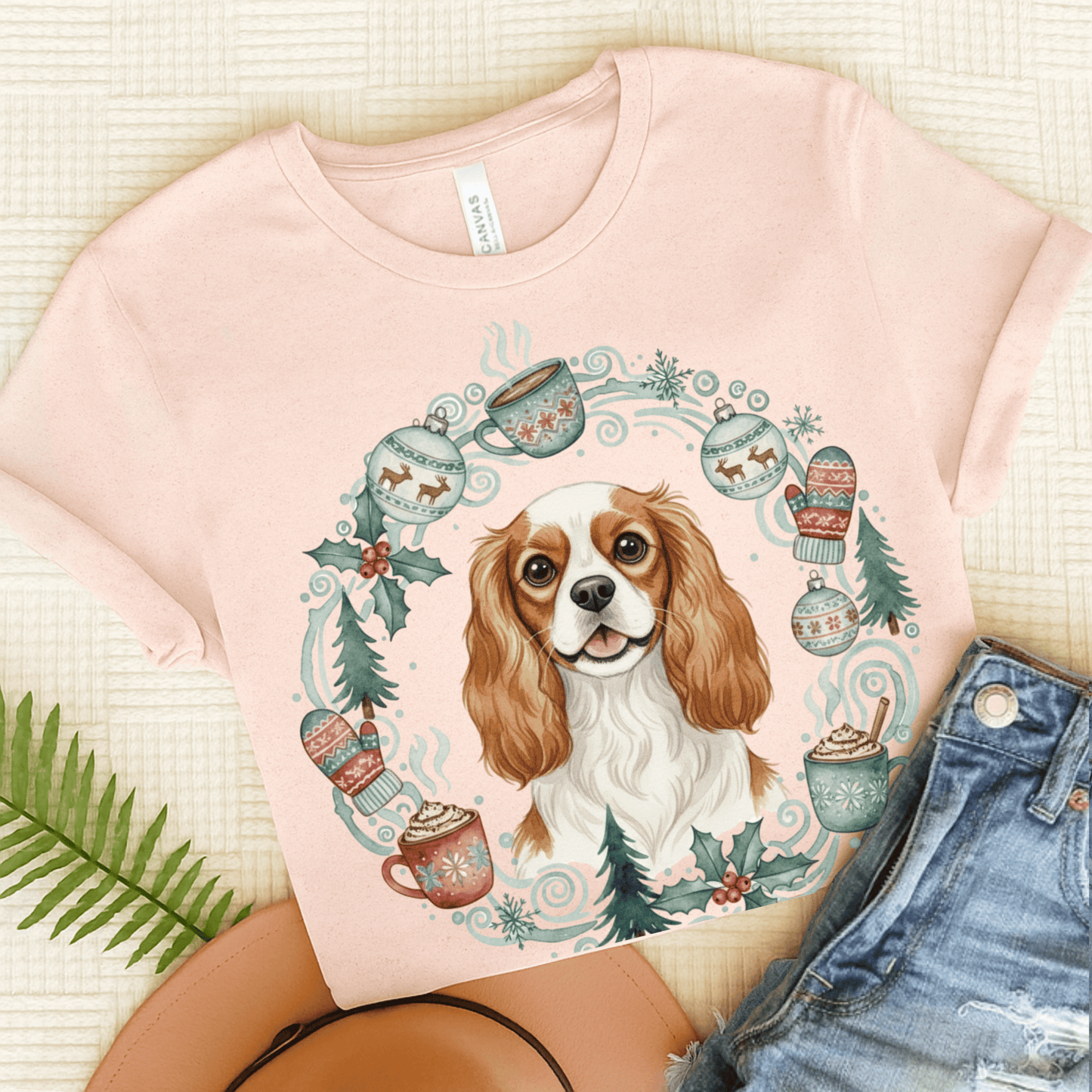 Personalized Christmas Wreath Cavalier Tshirt Soft Pink