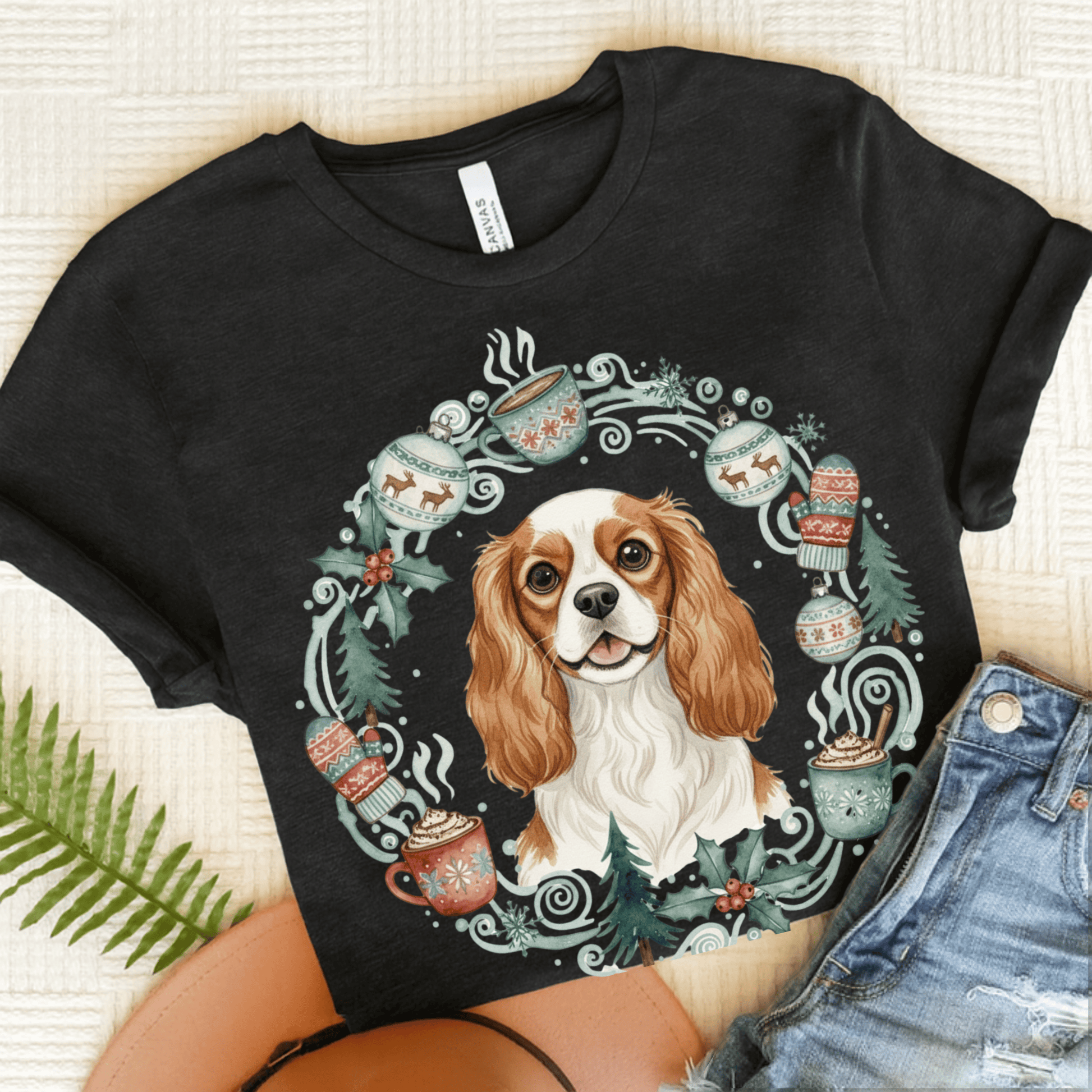 Personalized Christmas Wreath Cavalier Tshirt Dark Grey Heather