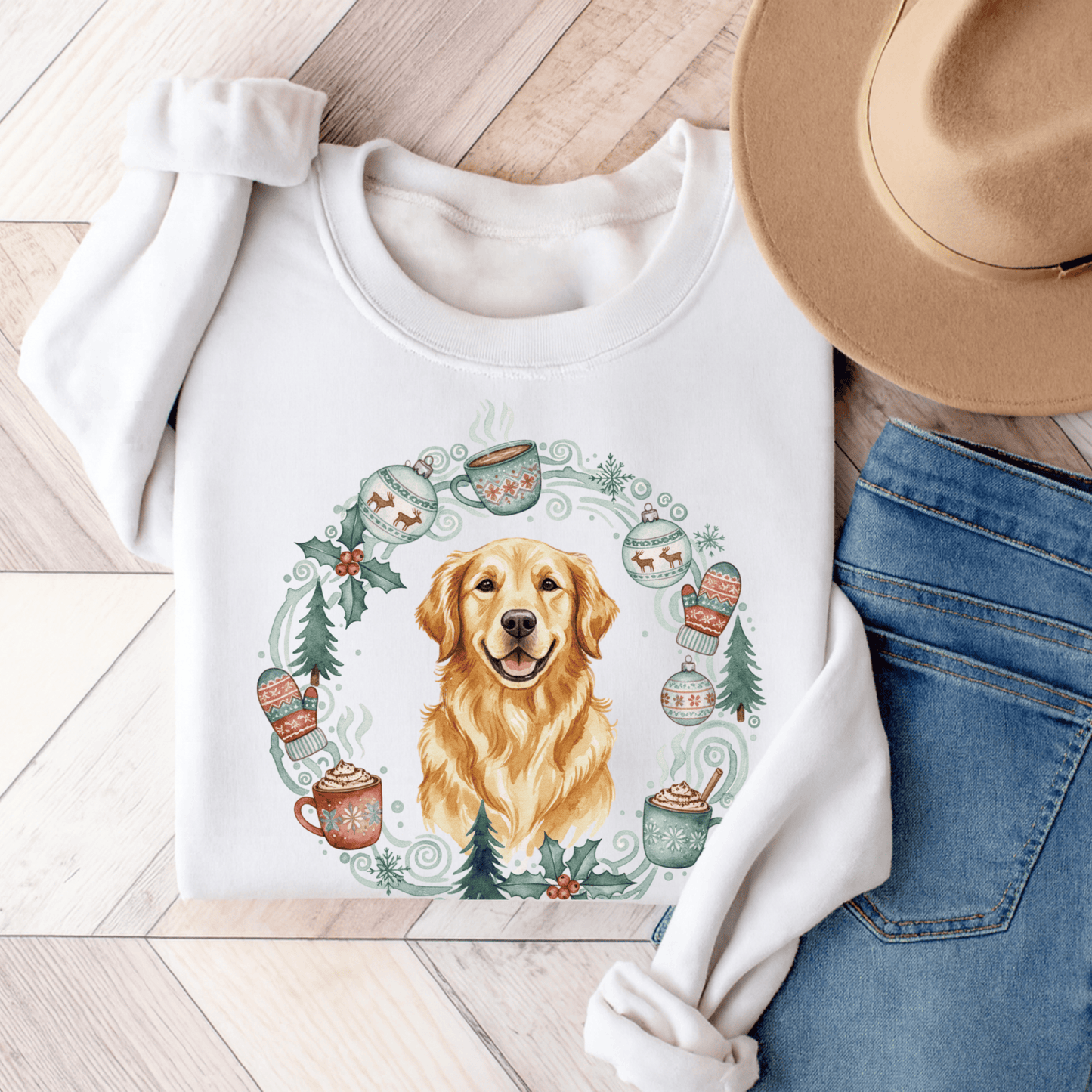 Christmas Wreath Golden Retriever Unisex Sweatshirt White