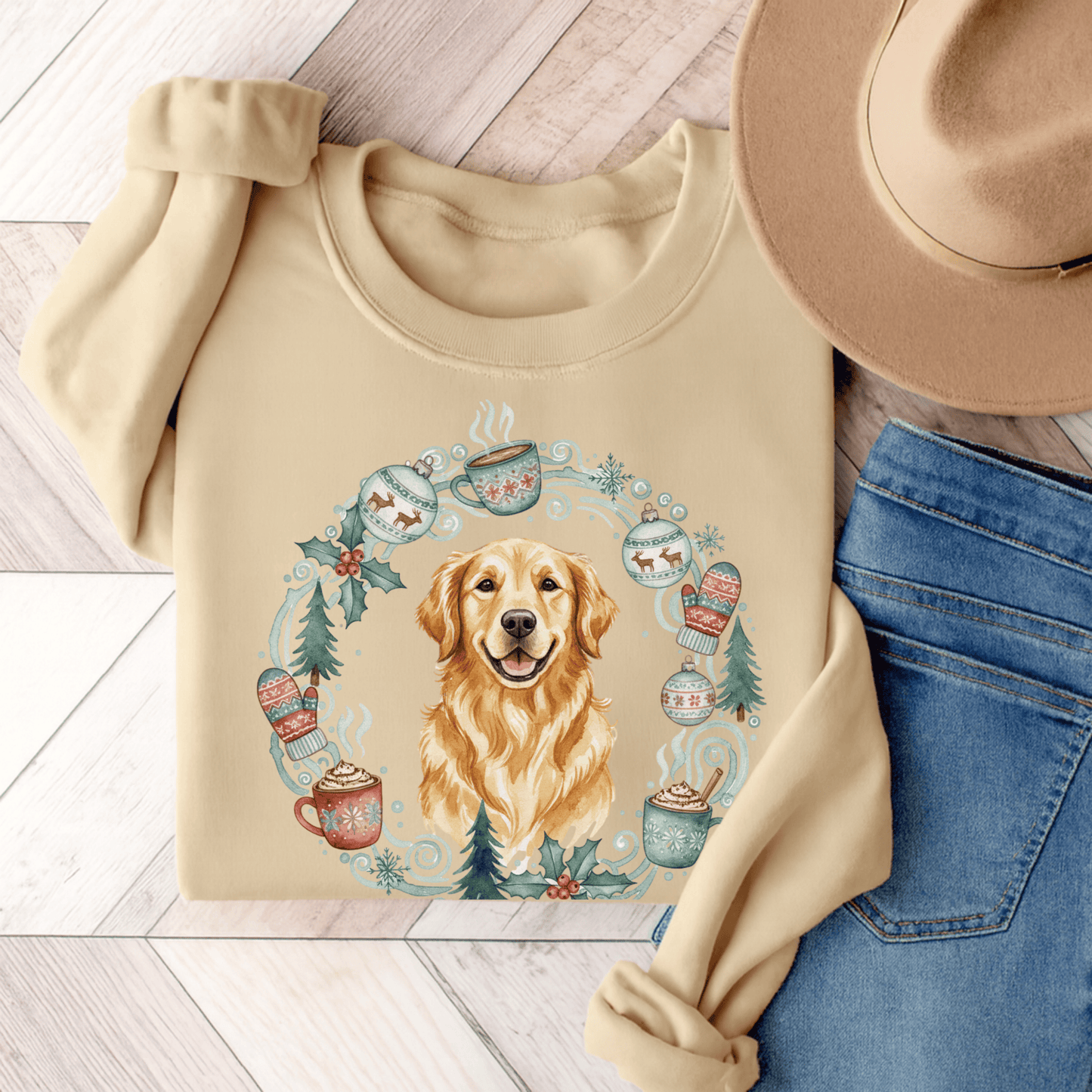 Christmas Wreath Golden Retriever Unisex Sweatshirt Sand