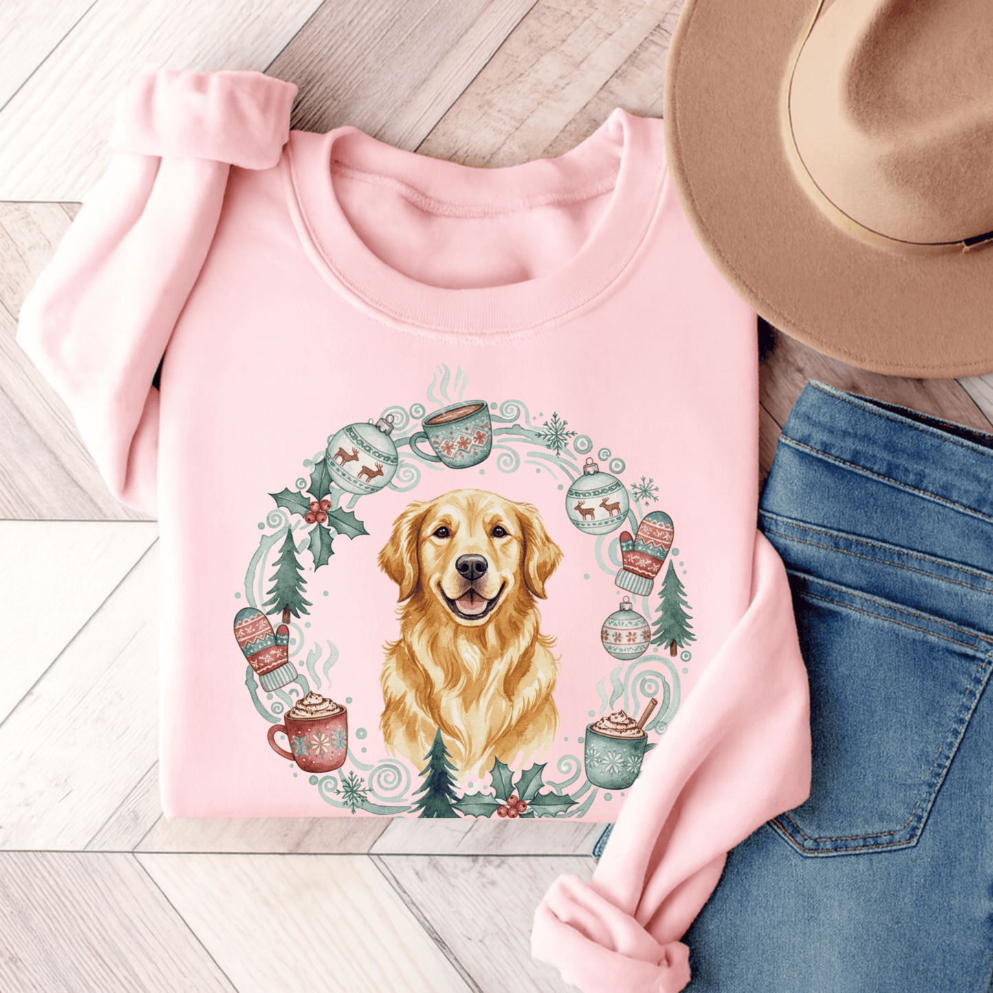 Christmas Wreath Golden Retriever Unisex Sweatshirt Light Pink