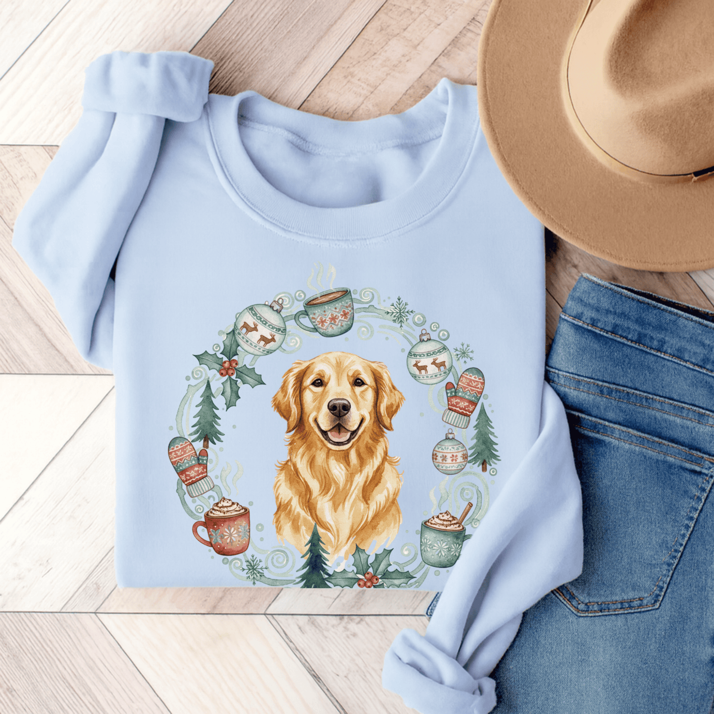 Christmas Wreath Golden Retriever Unisex Sweatshirt Light Blue