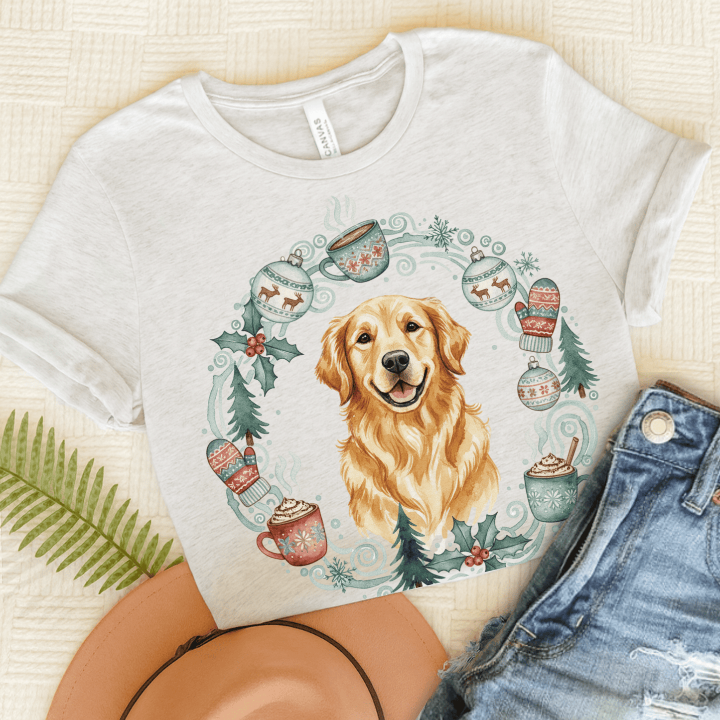 Christmas Wreath Golden Retriever Unisex Tshirt Ash