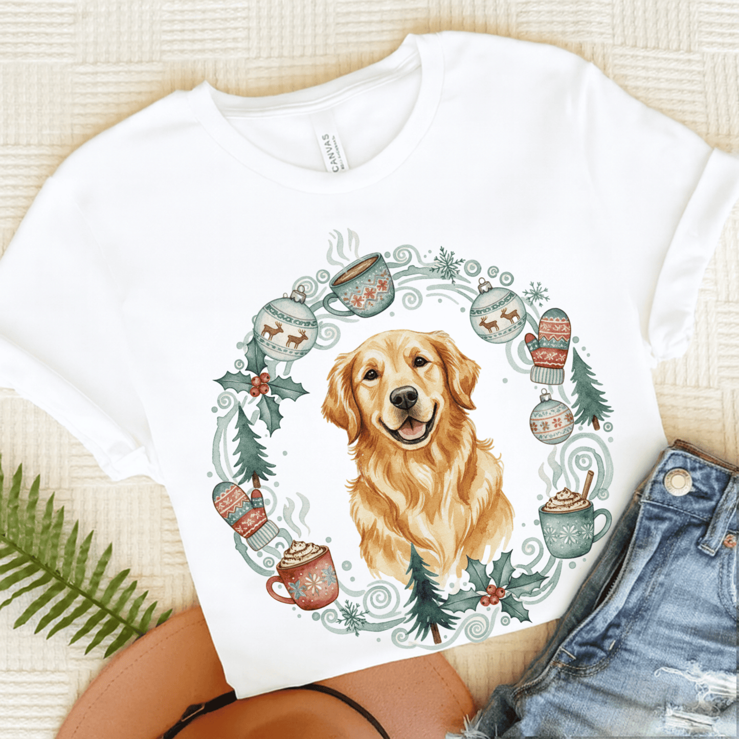 Christmas Wreath Golden Retriever Unisex Tshirt White
