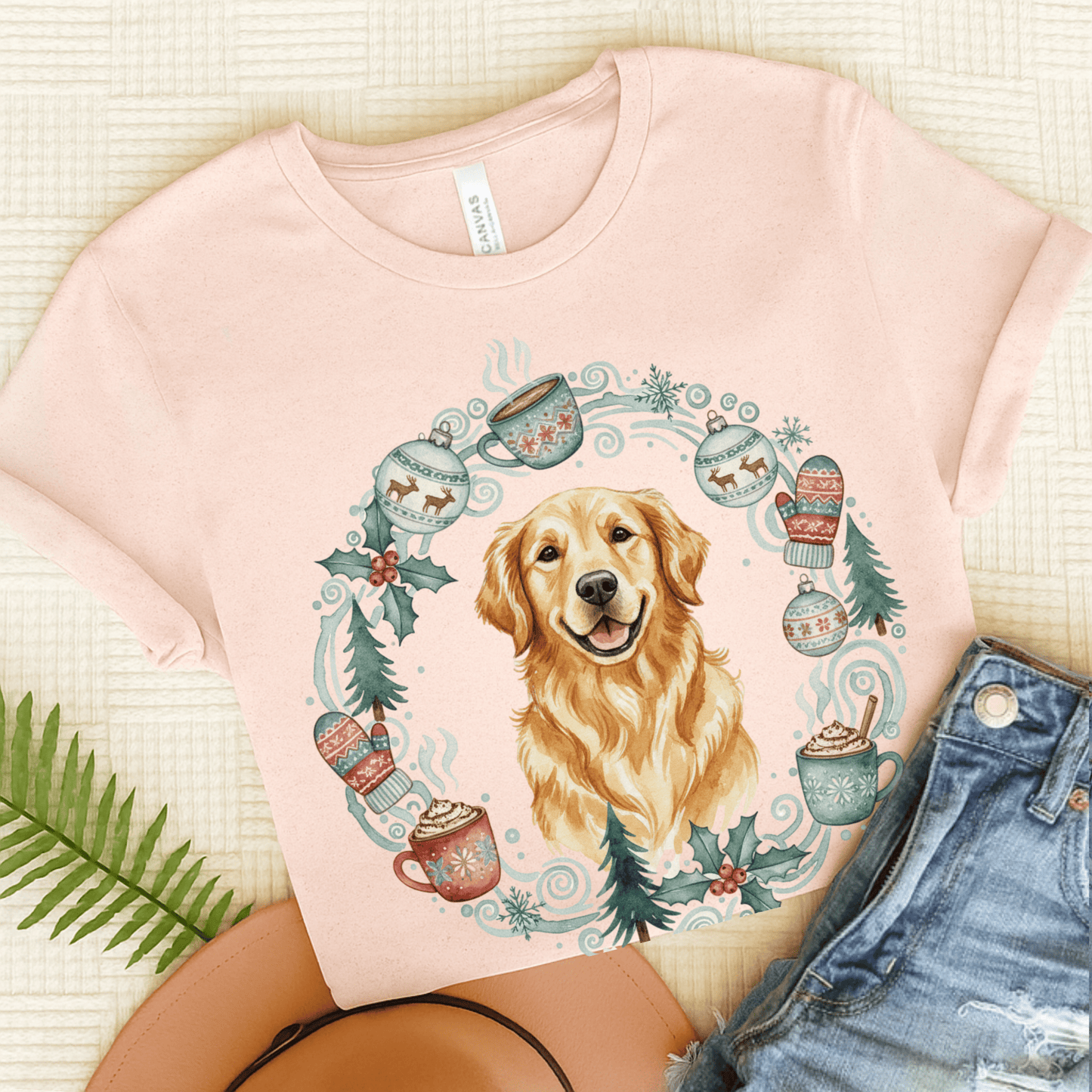 Christmas Wreath Golden Retriever Unisex Tshirt Soft Pink