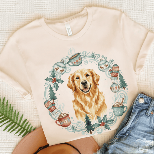 Christmas Wreath Golden Retriever Unisex Tshirt Natural