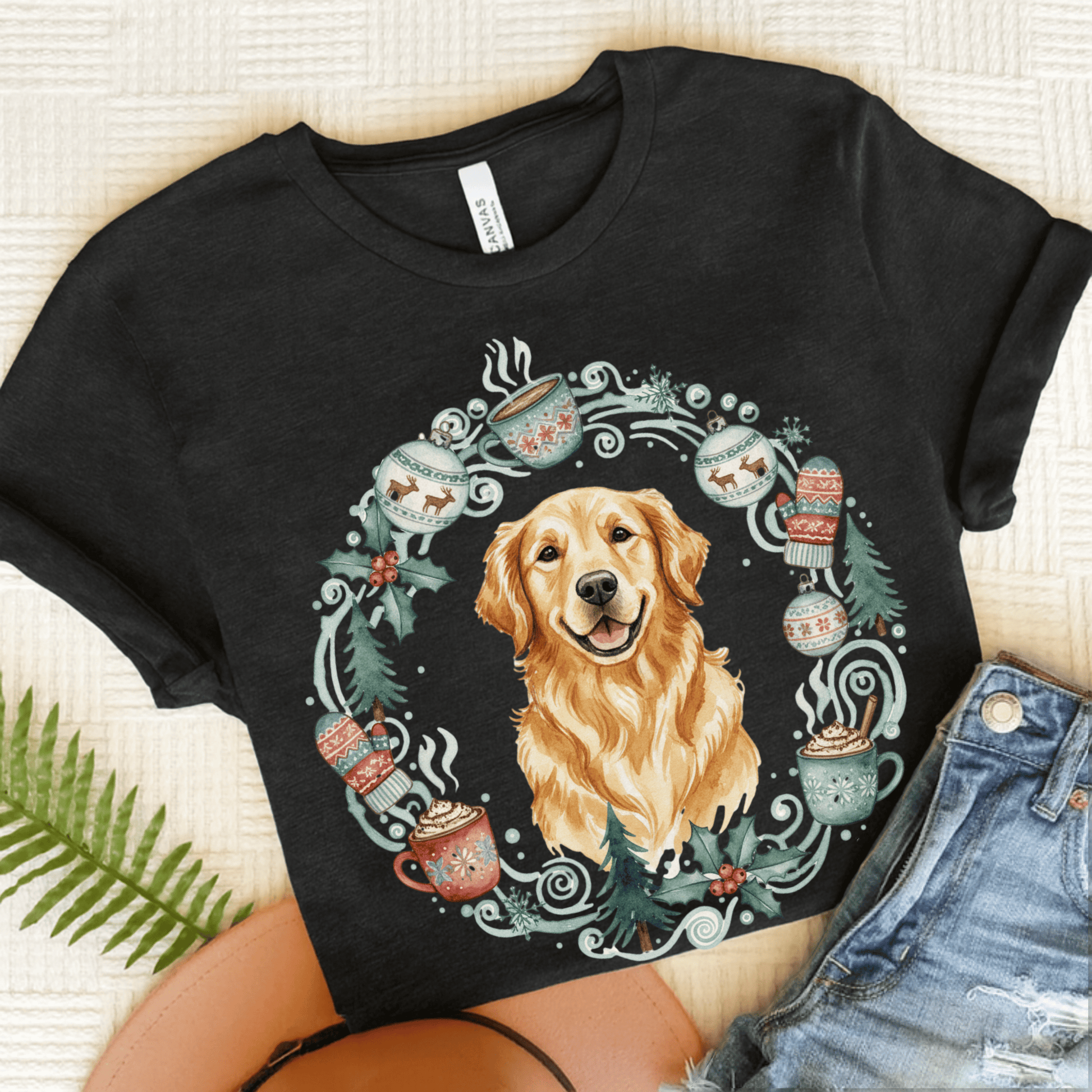 Christmas Wreath Golden Retriever Unisex Tshirt Dark Grey Heather