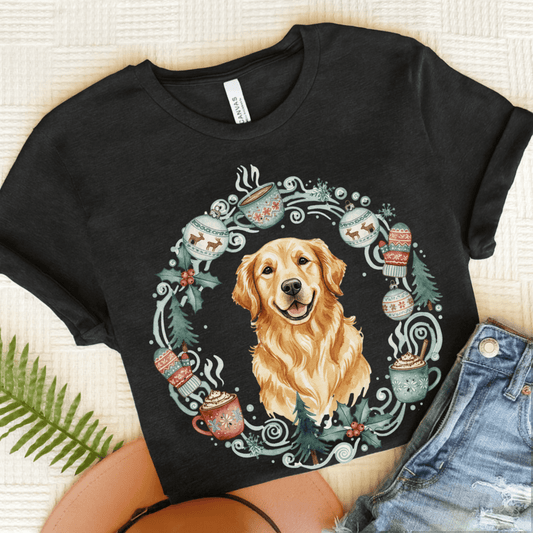 Christmas Wreath Golden Retriever Unisex Tshirt Dark Grey Heather
