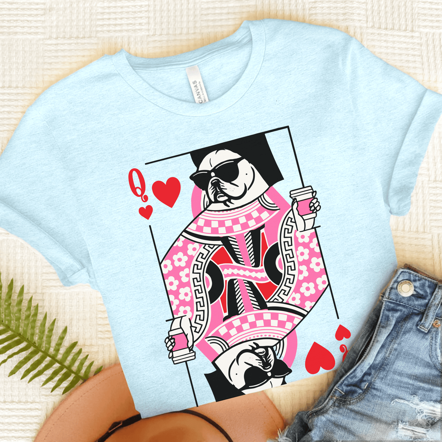 Coffee and Frenchies Queen of Hearts Unisex TShirt Heather Ice Blue