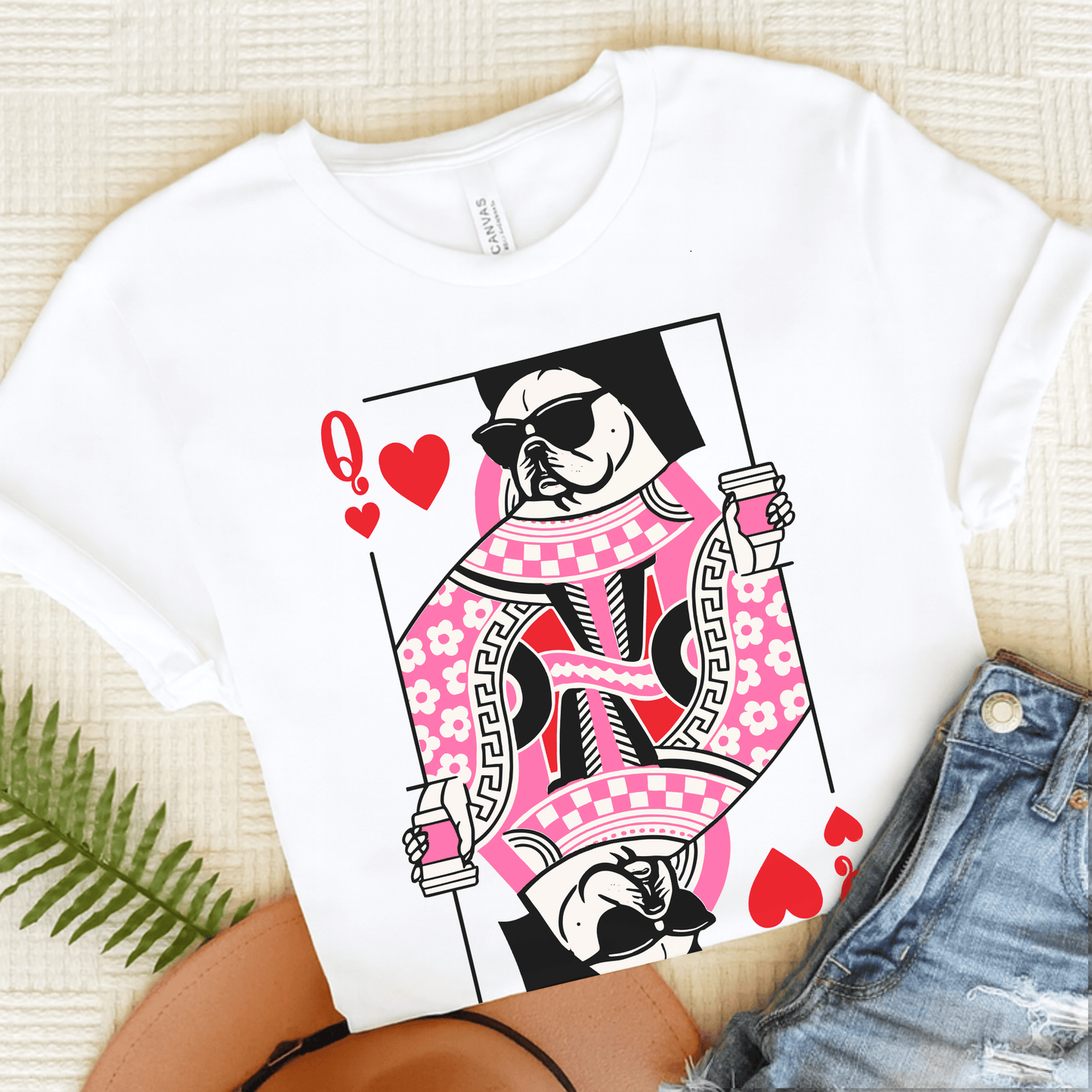 Coffee and Frenchies Queen of Hearts Unisex TShirt White