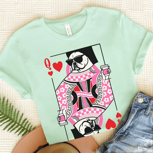 Coffee and Frenchies Queen of Hearts Unisex TShirt Heather Mint