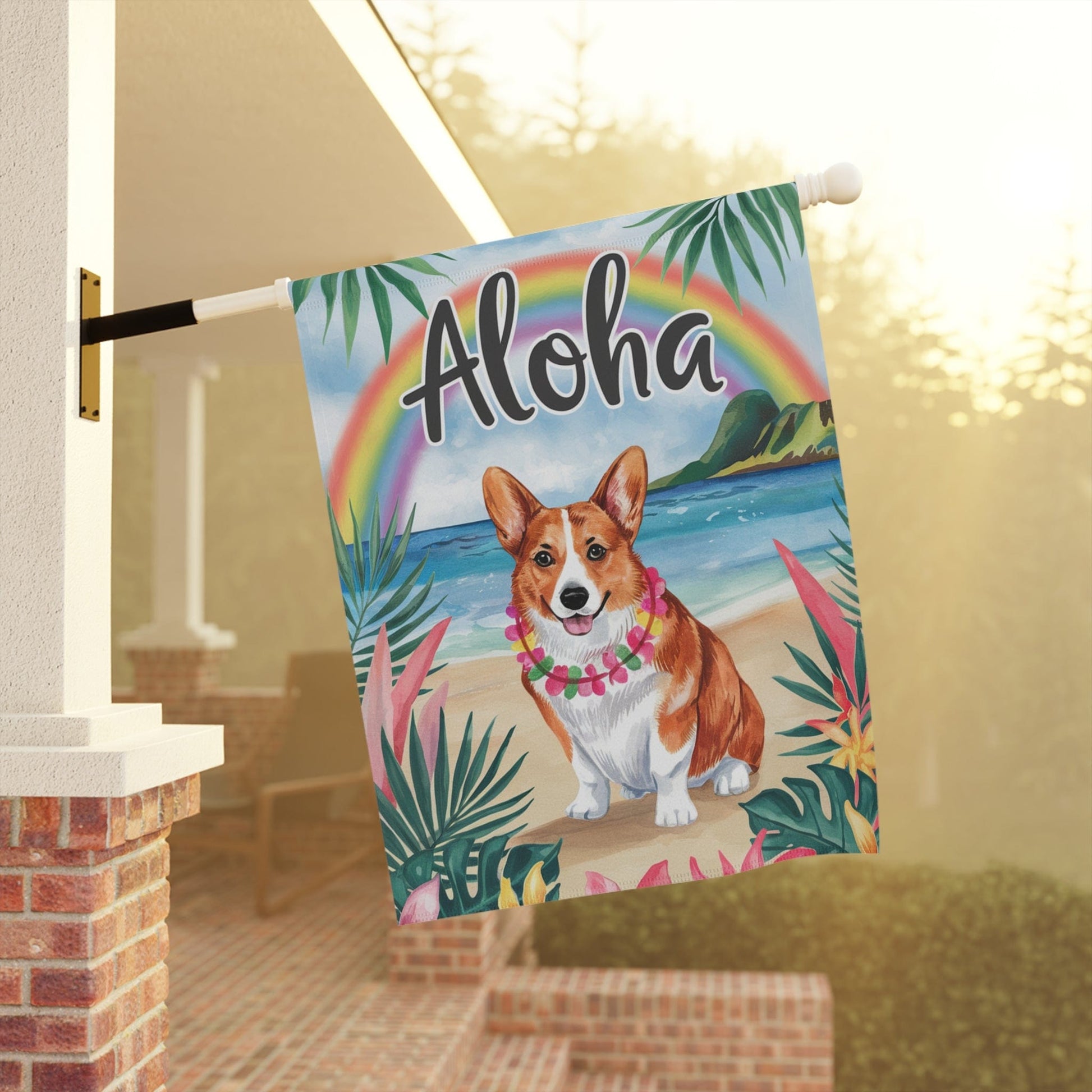 Printify Home Decor Corgi Cardigan red Hawaii Garden Flag, Aloha Luau Party Decorations, Tropical Hawaiian