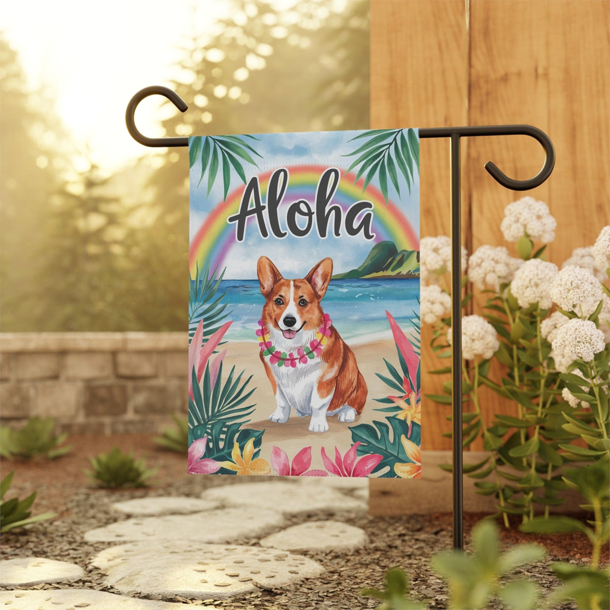 Printify Home Decor Corgi Cardigan red Hawaii Garden Flag, Aloha Luau Party Decorations, Tropical Hawaiian