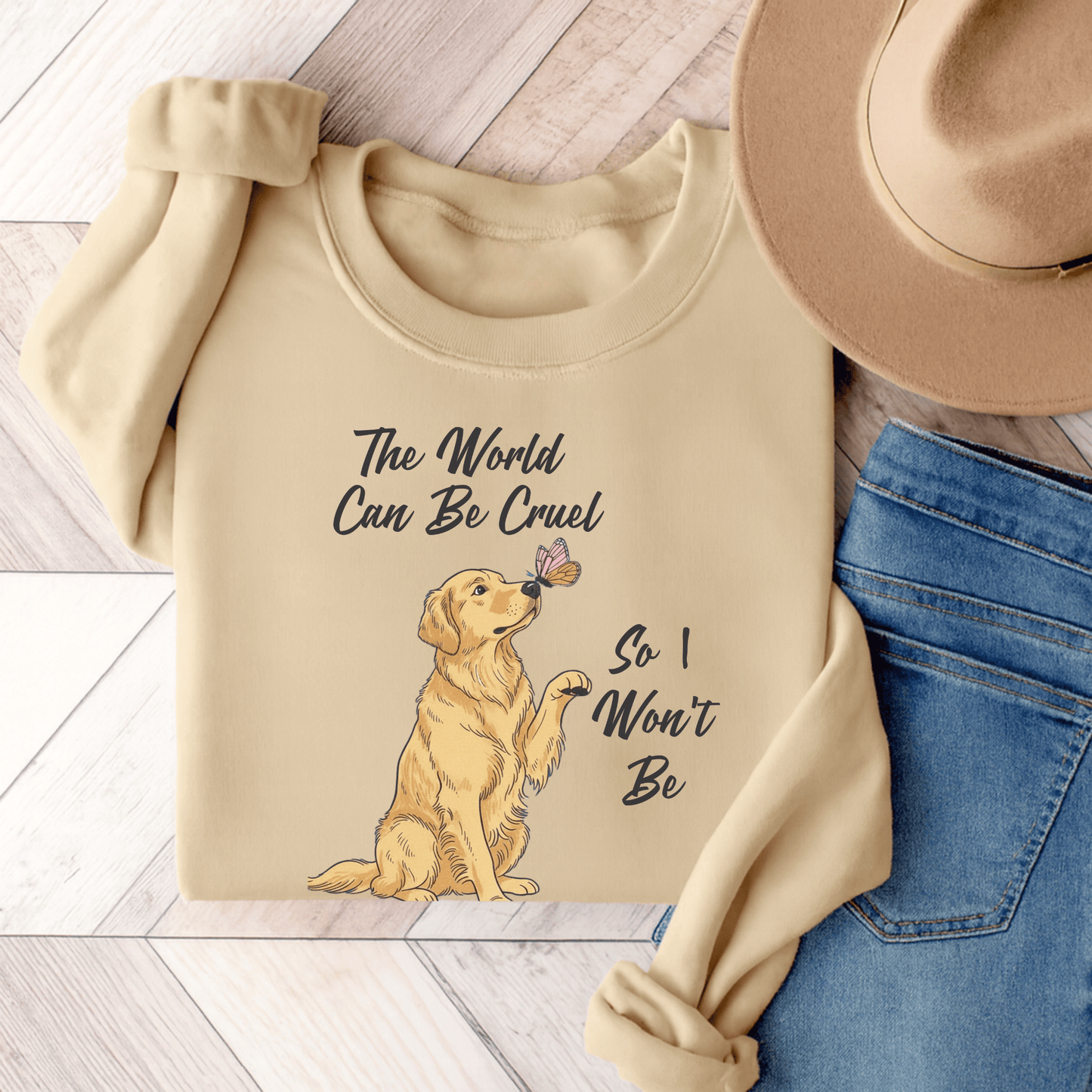 Cruel World Golden Retriever Unisex Sweatshirt Sand