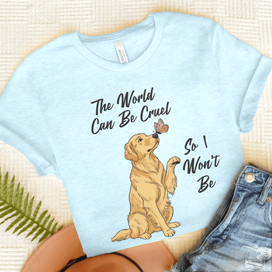 Cruel World Golden Retriever Unisex Tshirt Heather Ice Blue