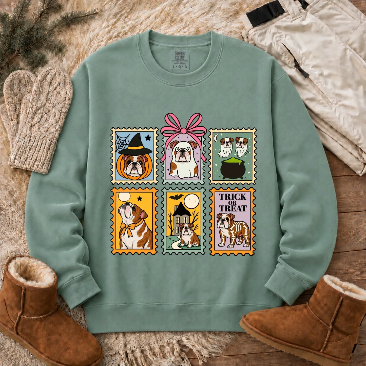 Custom Bulldog Ghost Stamps Unisex Sweatshirt Light Green