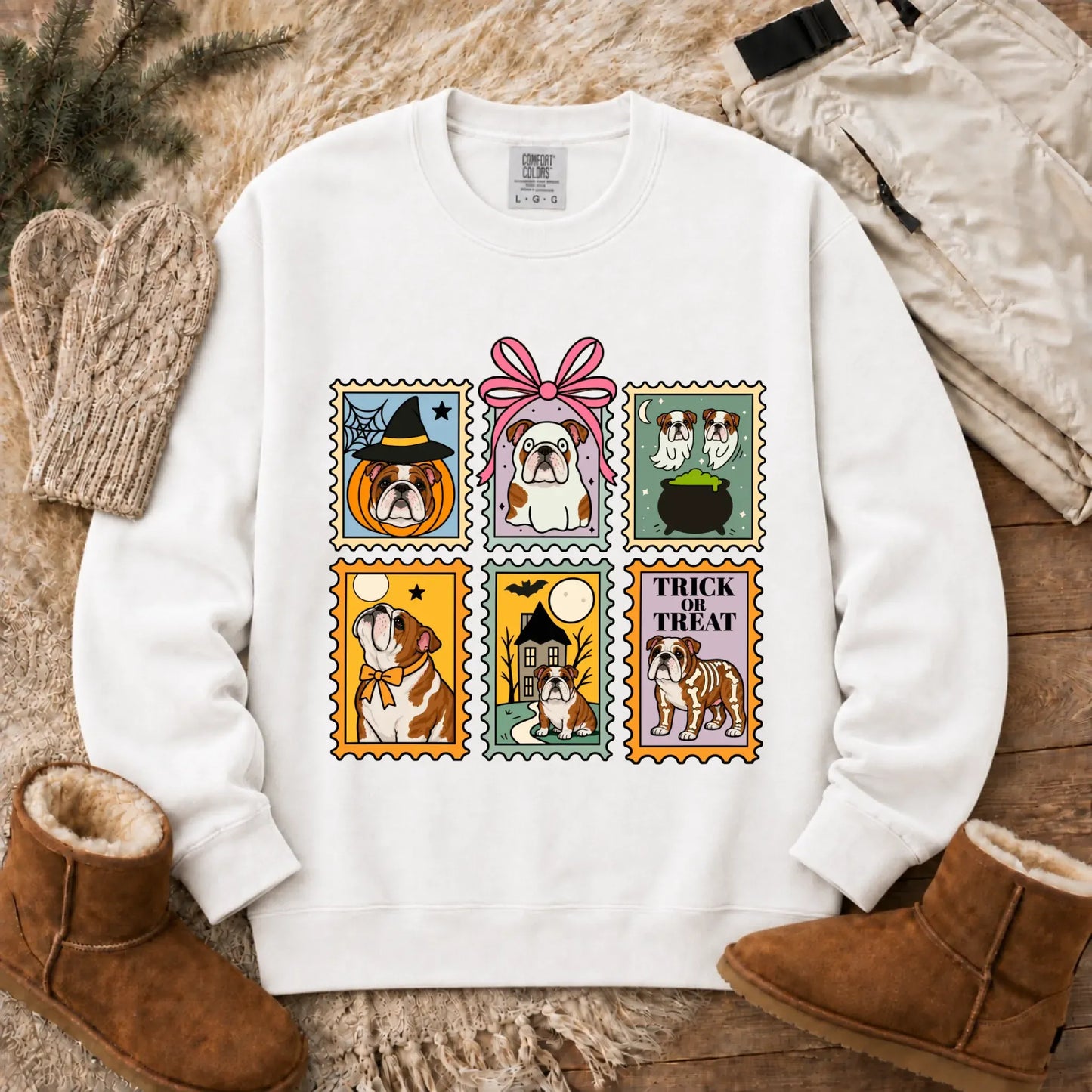 Custom Bulldog Ghost Stamps Unisex Sweatshirt White
