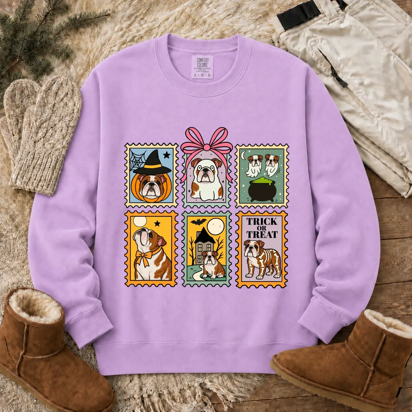 Custom Bulldog Ghost Stamps Unisex Sweatshirt Orchid