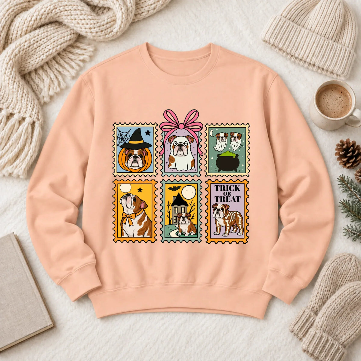 Custom Bulldog Ghost Stamps Unisex Sweatshirt Peachy
