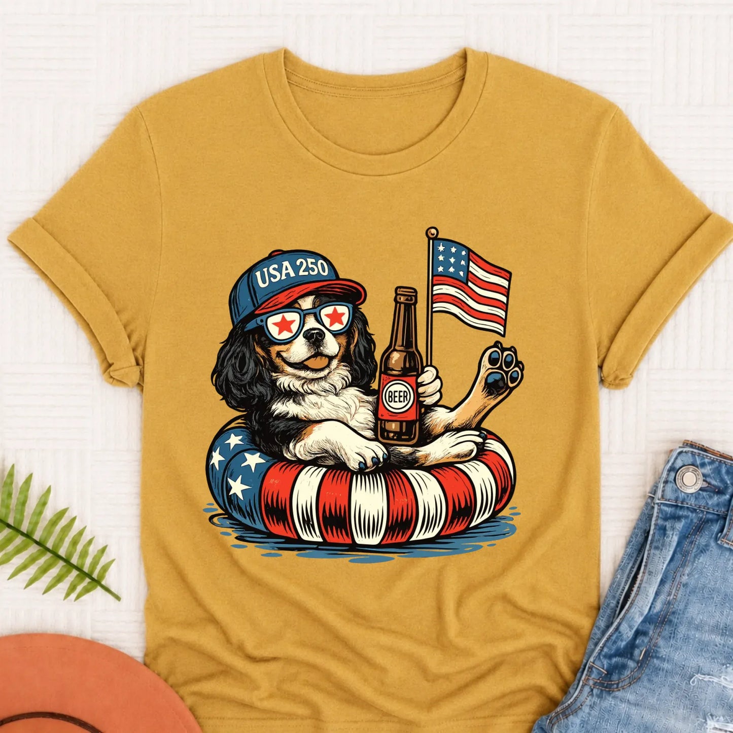 Custom Cavalier 4th of July Floatie Unisex TShirt Mustard