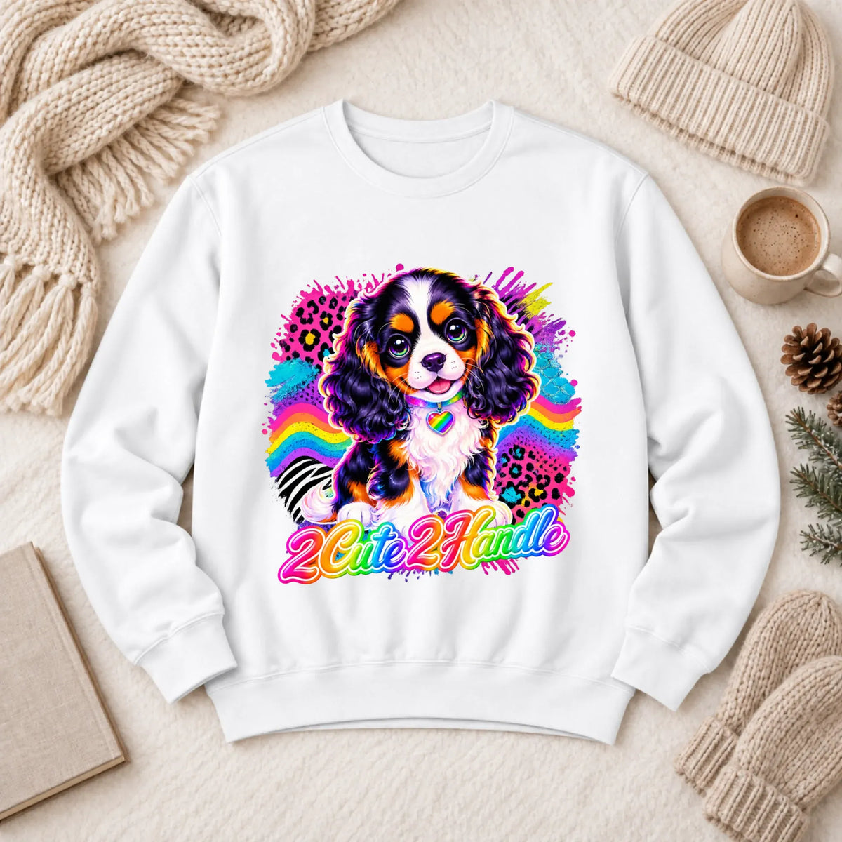 Custom Cavalier 90s Too Cute Unisex Sweatshirt White