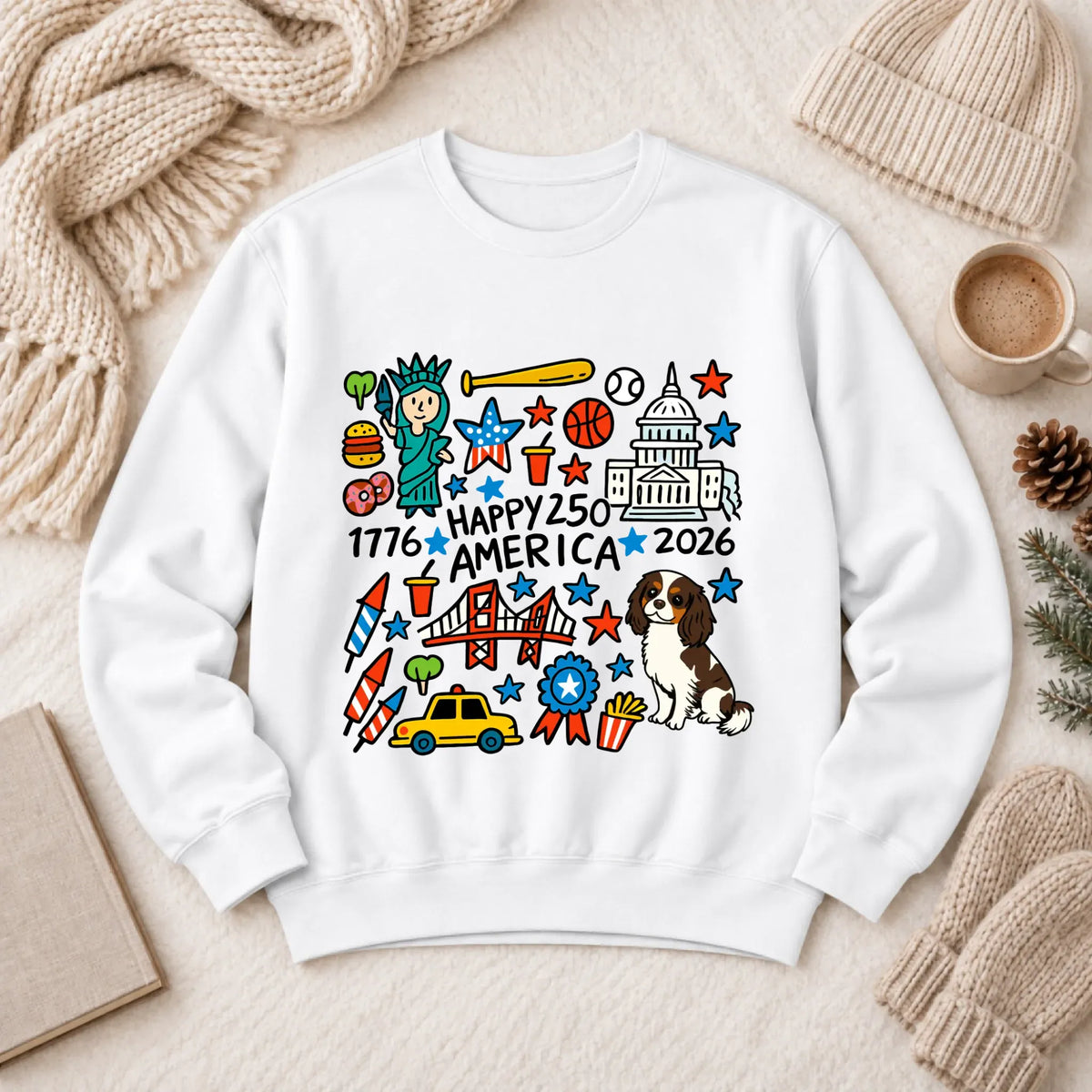 Custom Cavalier America 250th Birthday Unisex Sweatshirt White