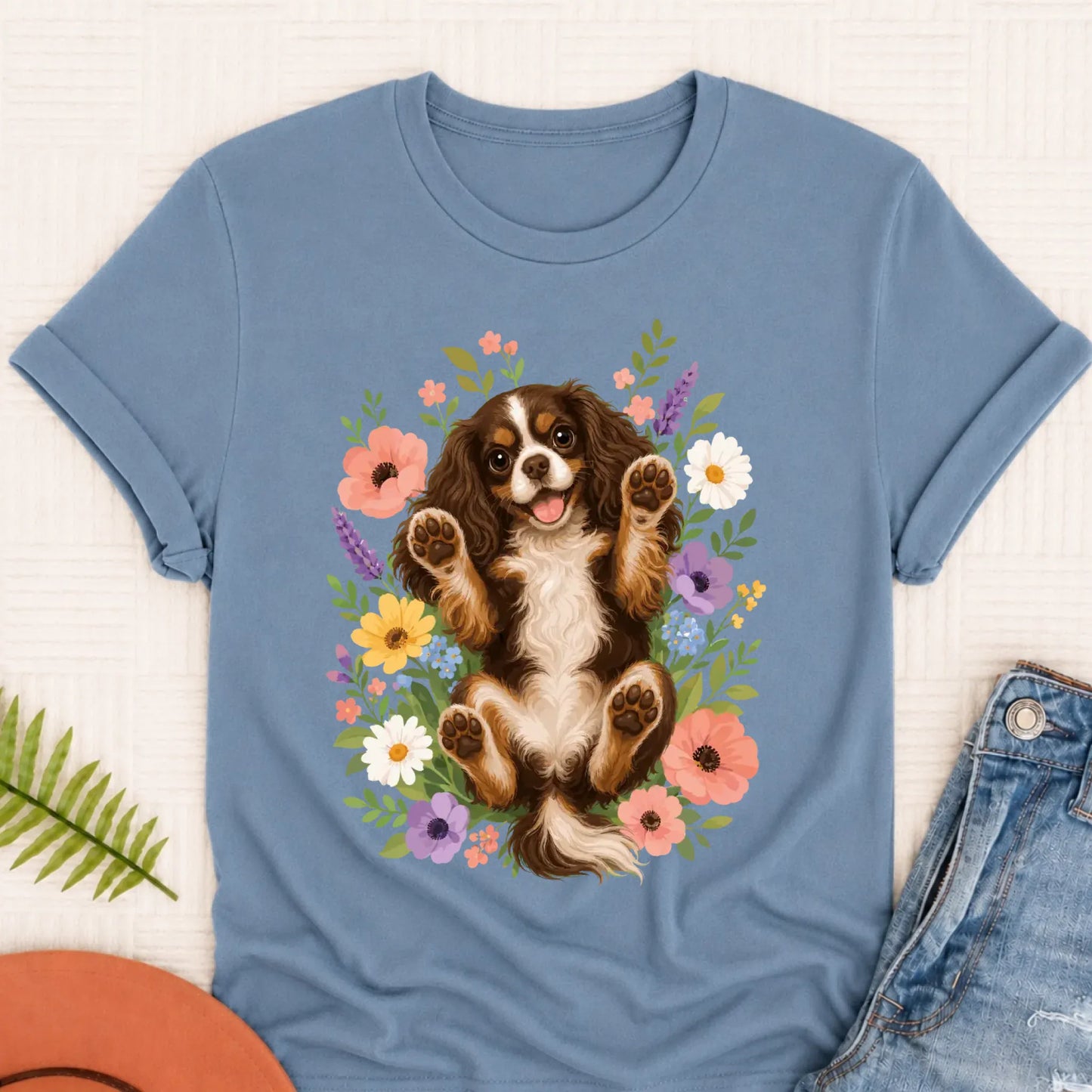 Custom Cavalier Belly Rubs Garden Unisext Tshirt Blue Jean