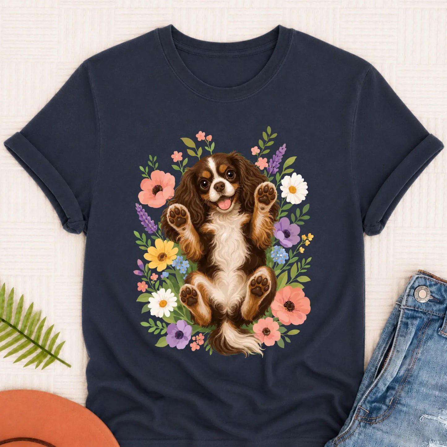 Custom Cavalier Belly Rubs Garden Unisext Tshirt Navy
