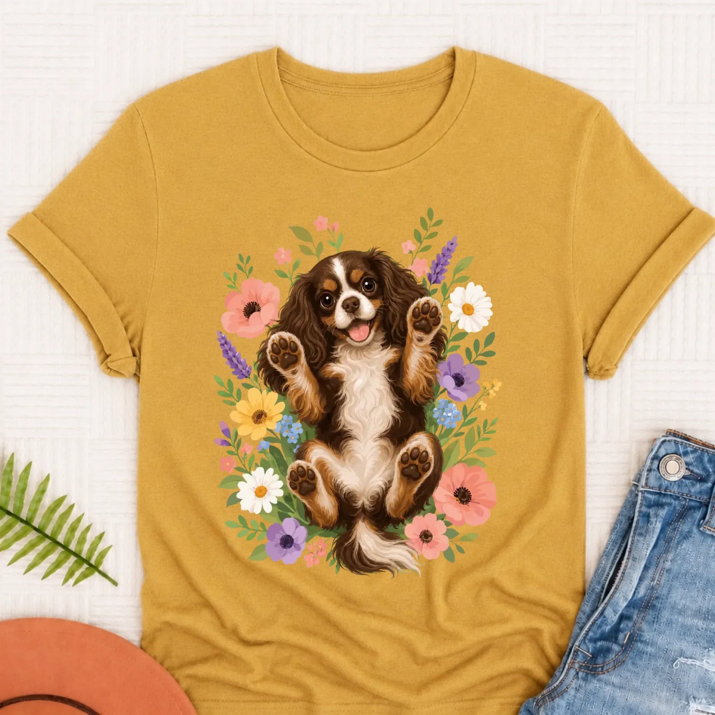 Custom Cavalier Belly Rubs Garden Unisext Tshirt Mustard