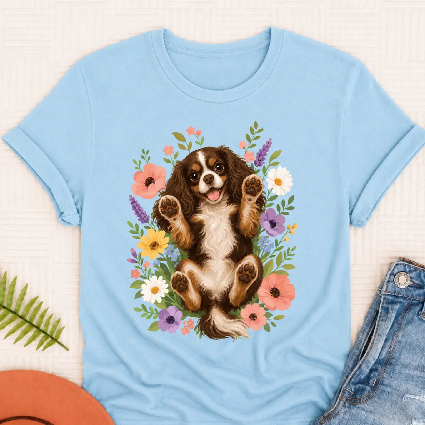 Custom Cavalier Belly Rubs Garden Unisext Tshirt Chambray