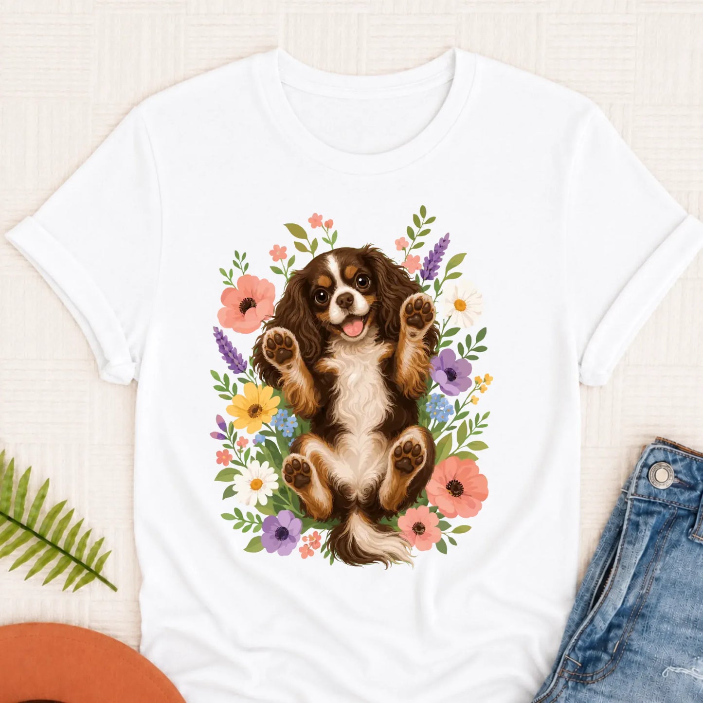 Custom Cavalier Belly Rubs Garden Unisext Tshirt White