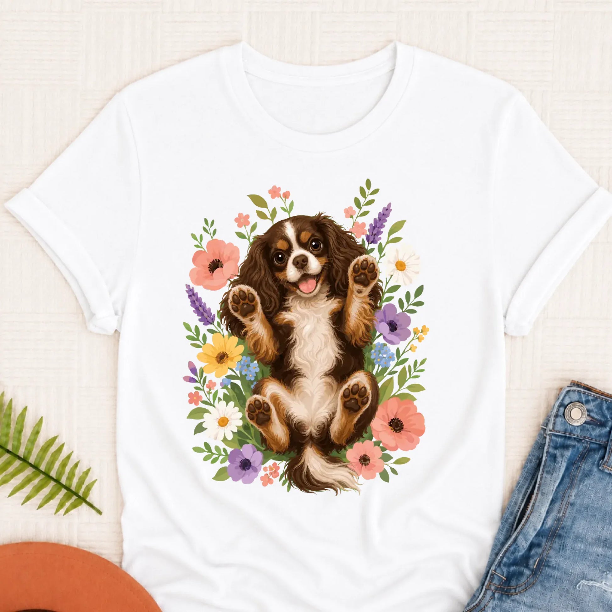 Custom Cavalier Belly Rubs Garden Unisext Tshirt White