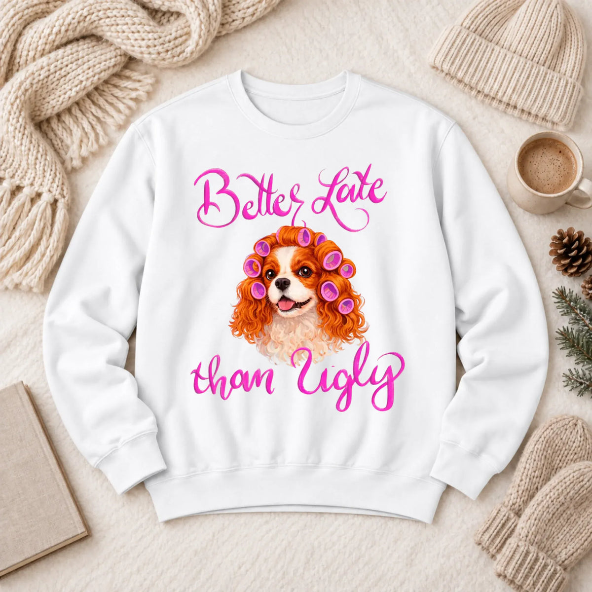 Custom Cavalier Better Late Funny Unisex Sweatshirt White