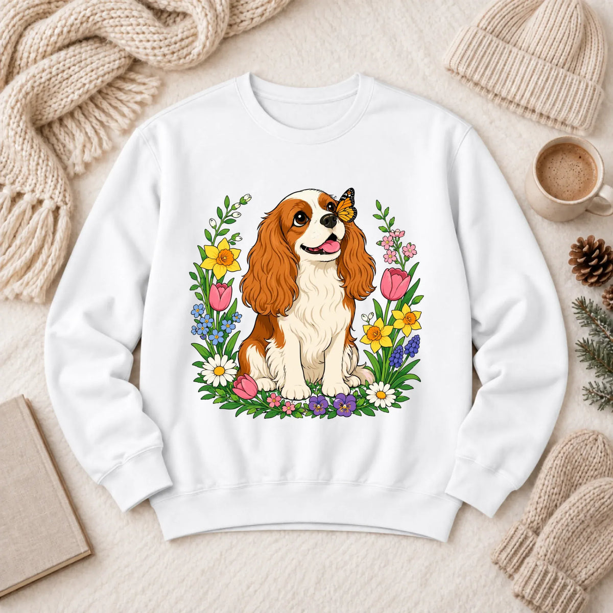 Custom Cavalier Butterfly Garden Unisex Sweatshirt White