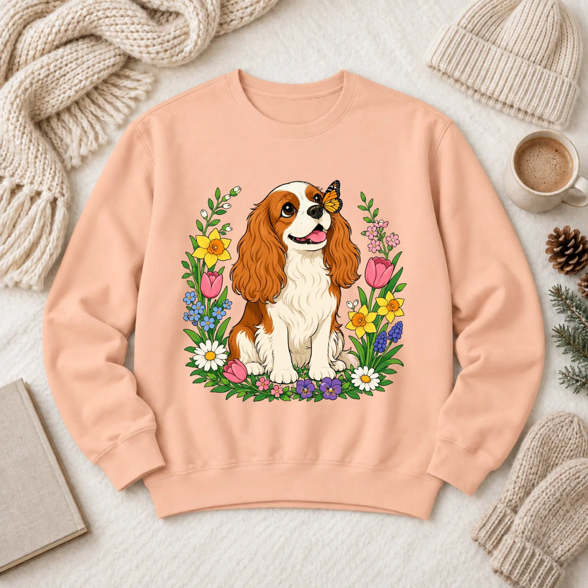 Custom Cavalier Butterfly Garden Unisex Sweatshirt Peachy